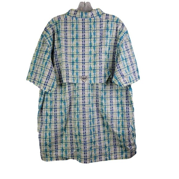 Columbia PFG Shirt Men Size XL Yellow Blue Fish Plaid Vented Short Sleeve Button - Picture 3 of 10